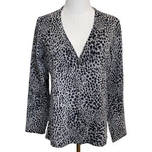 Vintage Charter‎ Club Leopard Print Cardigan Sweater L Gray Black Buttons Y2K